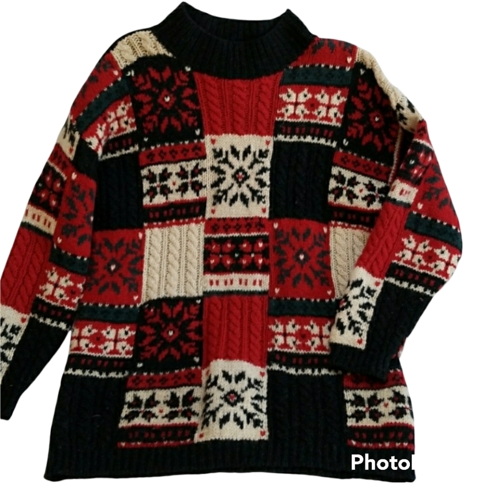 VTG Prides Landing Women WOOL Winter, Snowflake KNIT Patchwork Sweater - Picture 10 of 14